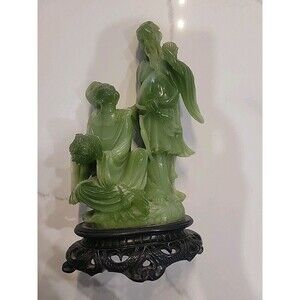 Vintage Asian Chinese Faux green jade colored carved sculpure of a man and women